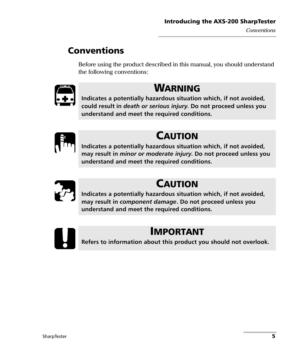 Conventions, Arning, Aution | Mportant | EXFO AXS-200 SharpTESTER User Manual | Page 13 / 70