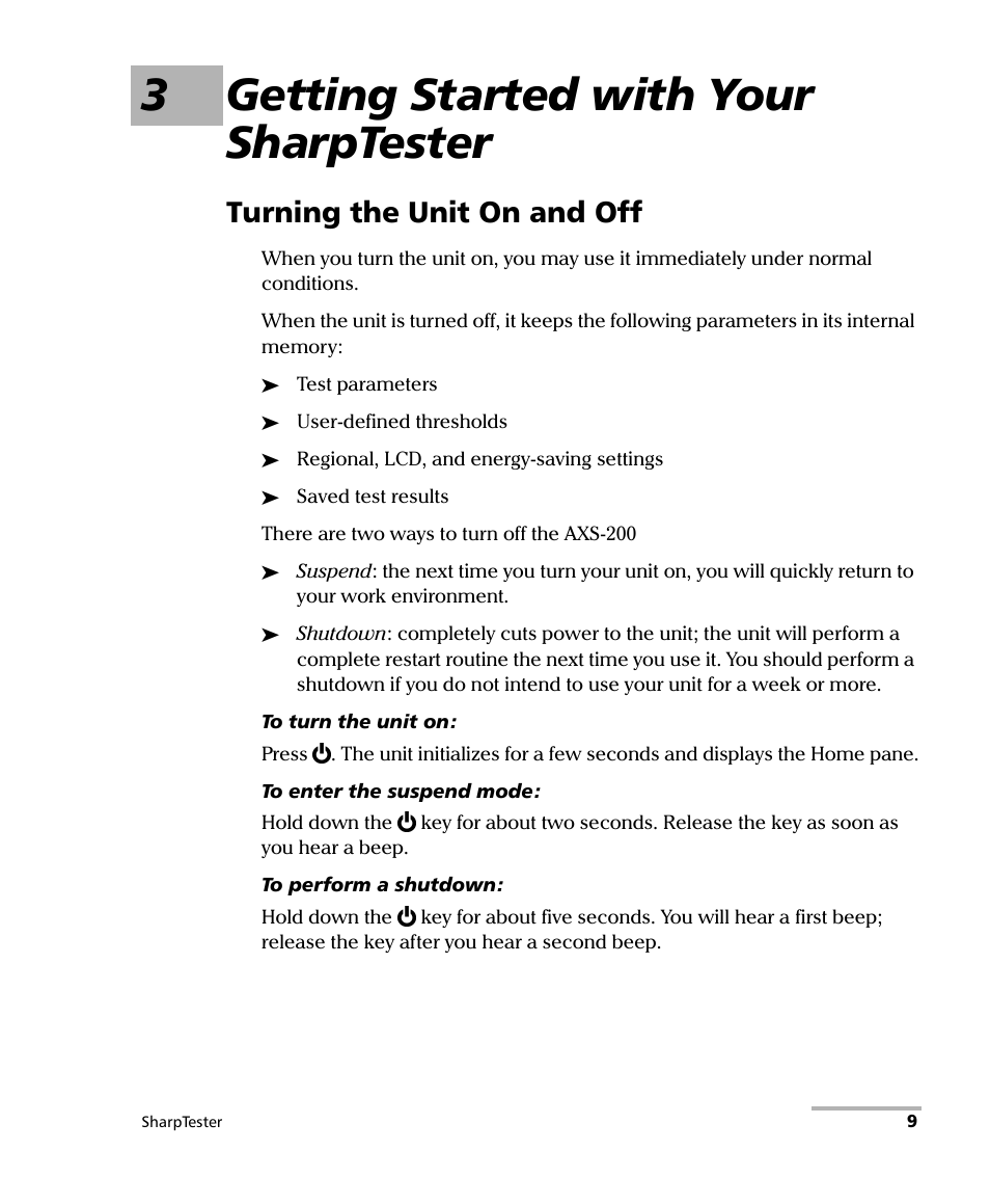 3 getting started with your sharptester, Turning the unit on and off, 3getting started with your sharptester | EXFO AXS-200 SharpTESTER User Manual | Page 17 / 70