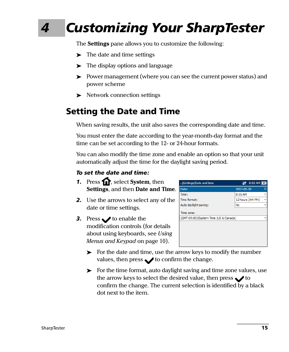 4 customizing your sharptester, Setting the date and time, 4customizing your sharptester | EXFO AXS-200 SharpTESTER User Manual | Page 23 / 70