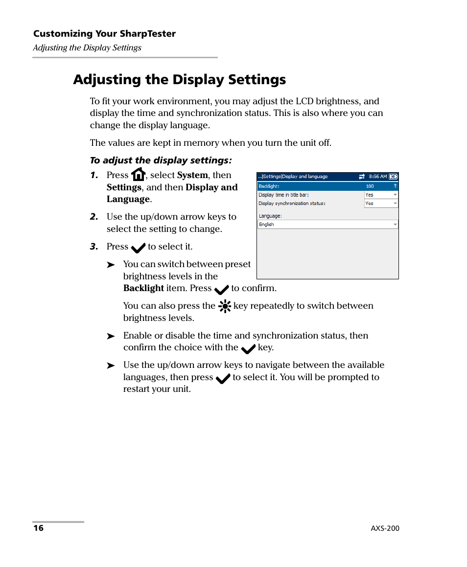 Adjusting the display settings | EXFO AXS-200 SharpTESTER User Manual | Page 24 / 70