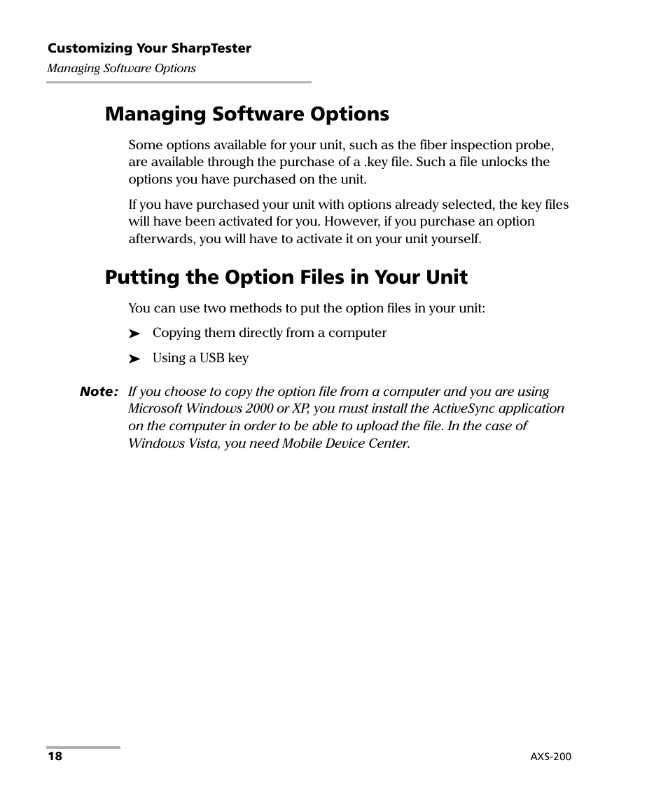 Managing software options, Putting the option files in your unit | EXFO AXS-200 SharpTESTER User Manual | Page 26 / 70