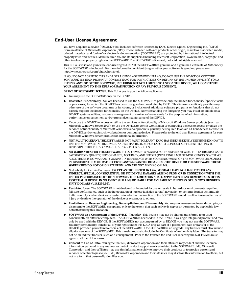 Iii end-user license agreement, Sharptester | EXFO AXS-200 SharpTESTER User Manual | Page 3 / 70