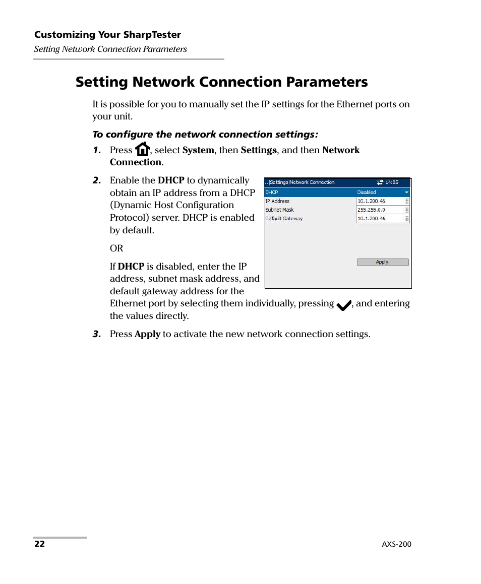 Setting network connection parameters | EXFO AXS-200 SharpTESTER User Manual | Page 30 / 70