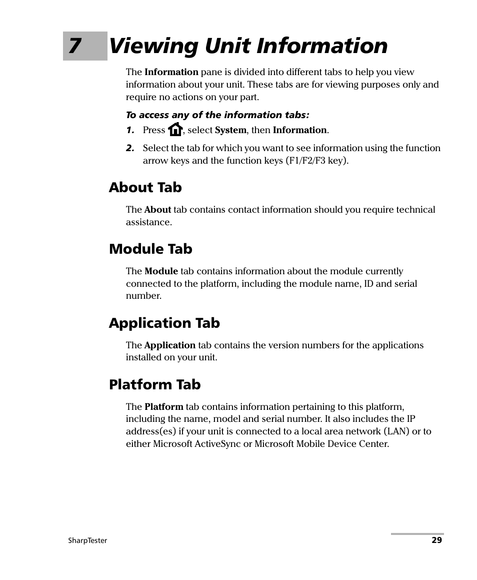 7 viewing unit information, About tab, Module tab | Application tab, Platform tab, About tab module tab application tab platform tab, 7viewing unit information | EXFO AXS-200 SharpTESTER User Manual | Page 37 / 70