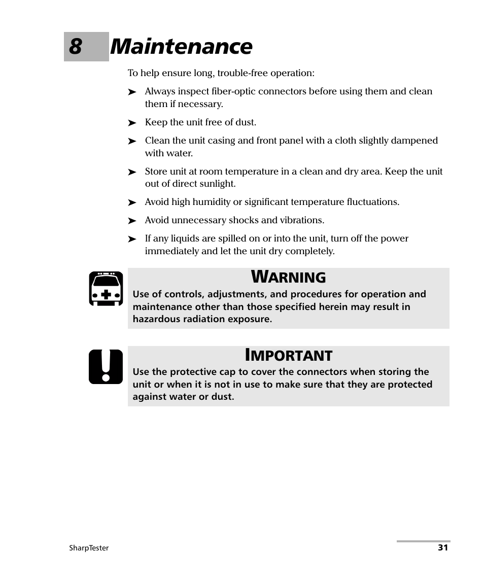 8 maintenance, 8maintenance, Arning | Mportant | EXFO AXS-200 SharpTESTER User Manual | Page 39 / 70