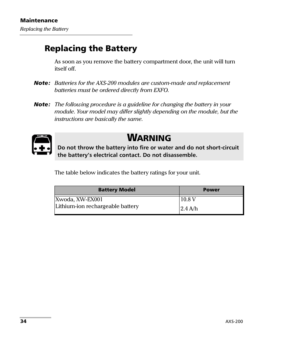 Replacing the battery, Arning | EXFO AXS-200 SharpTESTER User Manual | Page 42 / 70