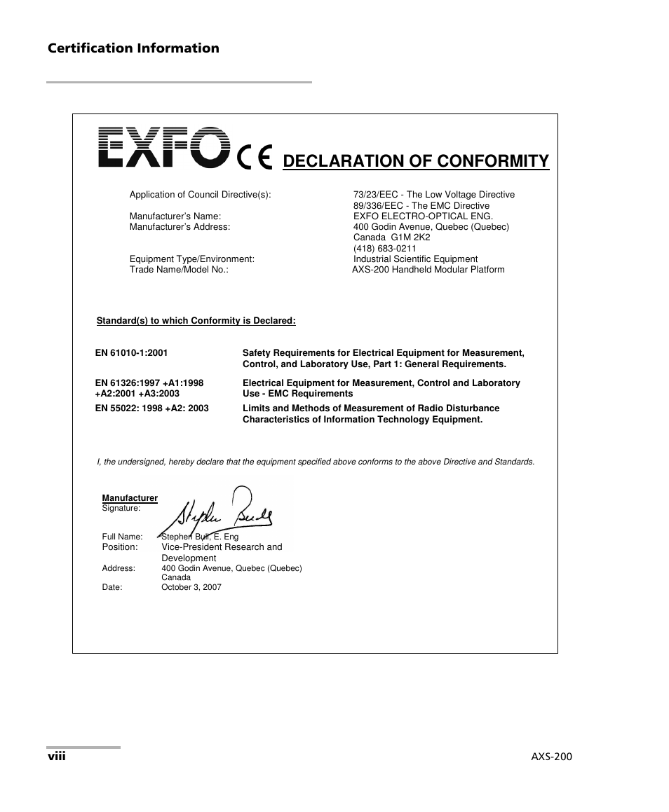 Declaration of conformity, Certification information, Viii | EXFO AXS-200 SharpTESTER User Manual | Page 8 / 70