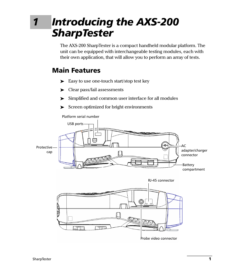 1 introducing the axs-200 sharptester, Main features, 1introducing the axs-200 sharptester | EXFO AXS-200 SharpTESTER User Manual | Page 9 / 70