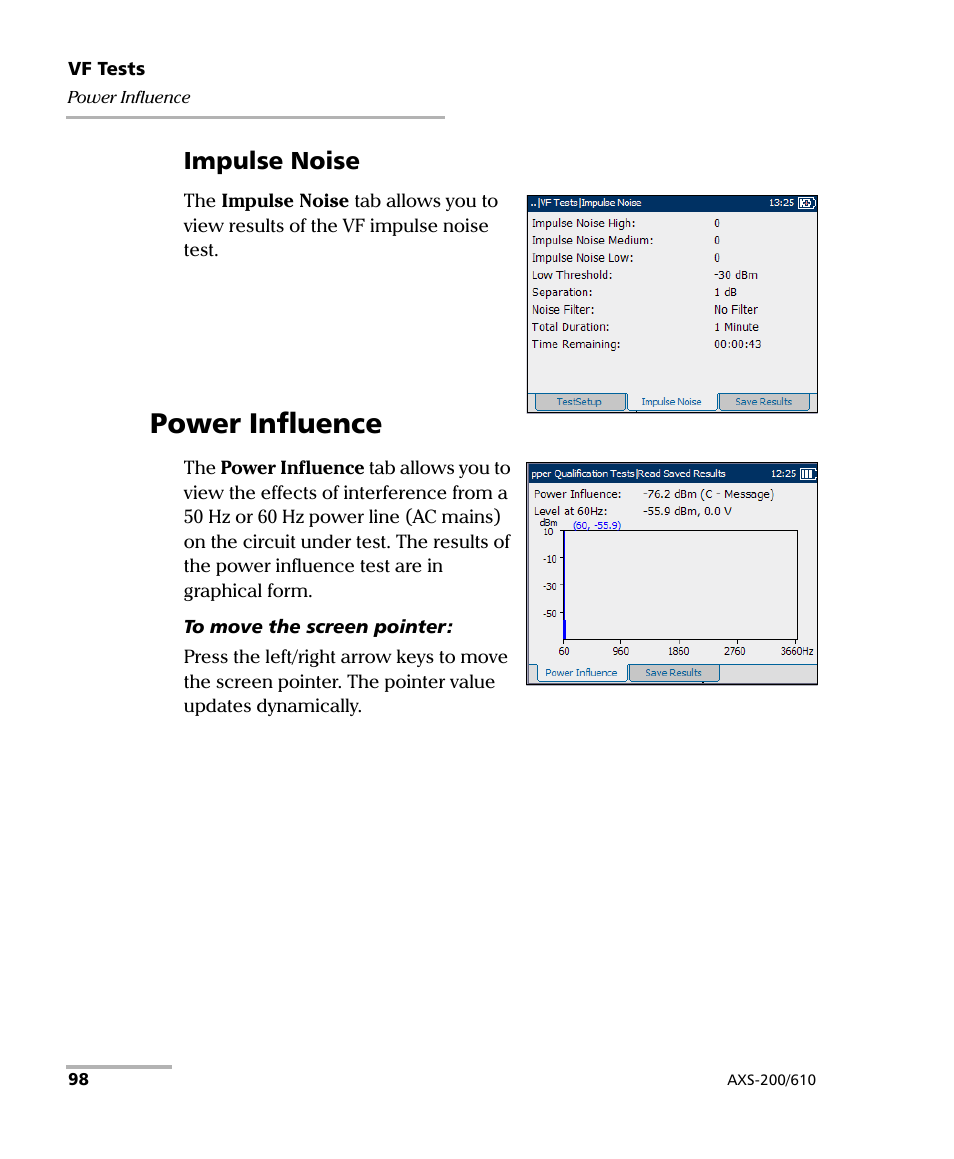 Impulse noise, Power influence | EXFO AXS-200/610 Copper Test Module User Manual | Page 104 / 152