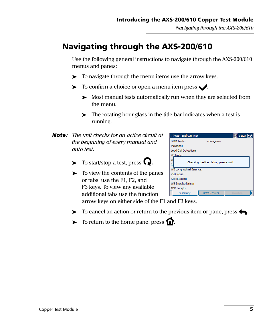Navigating through the axs-200/610 | EXFO AXS-200/610 Copper Test Module User Manual | Page 11 / 152