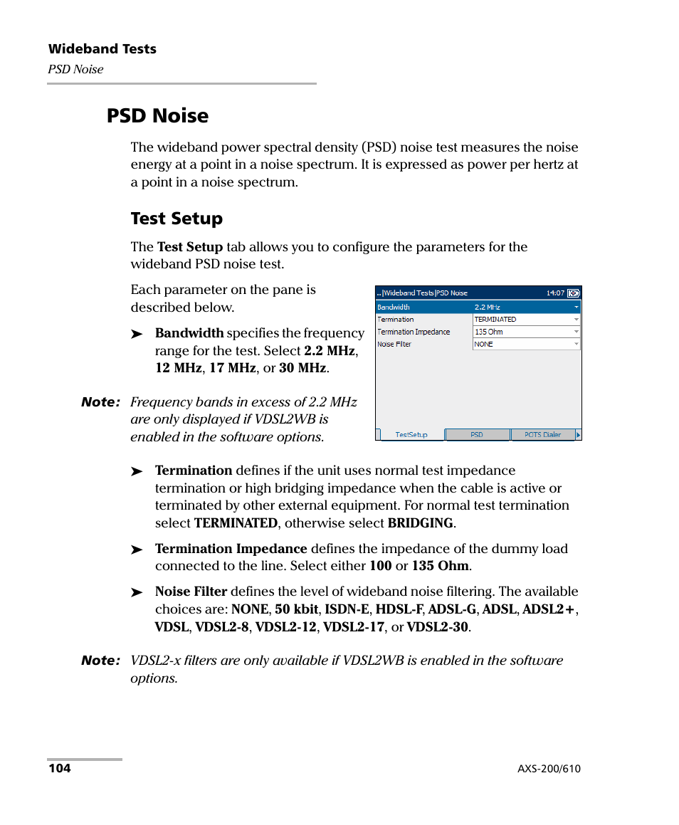 Psd noise, Test setup | EXFO AXS-200/610 Copper Test Module User Manual | Page 110 / 152