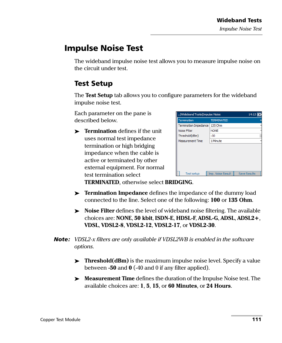 Impulse noise test, Test setup | EXFO AXS-200/610 Copper Test Module User Manual | Page 117 / 152
