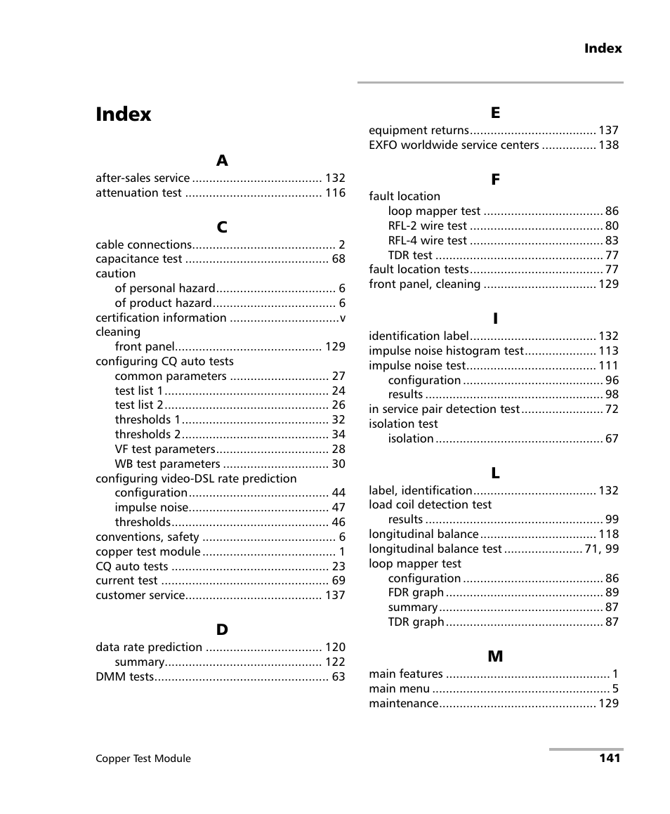 Index | EXFO AXS-200/610 Copper Test Module User Manual | Page 147 / 152
