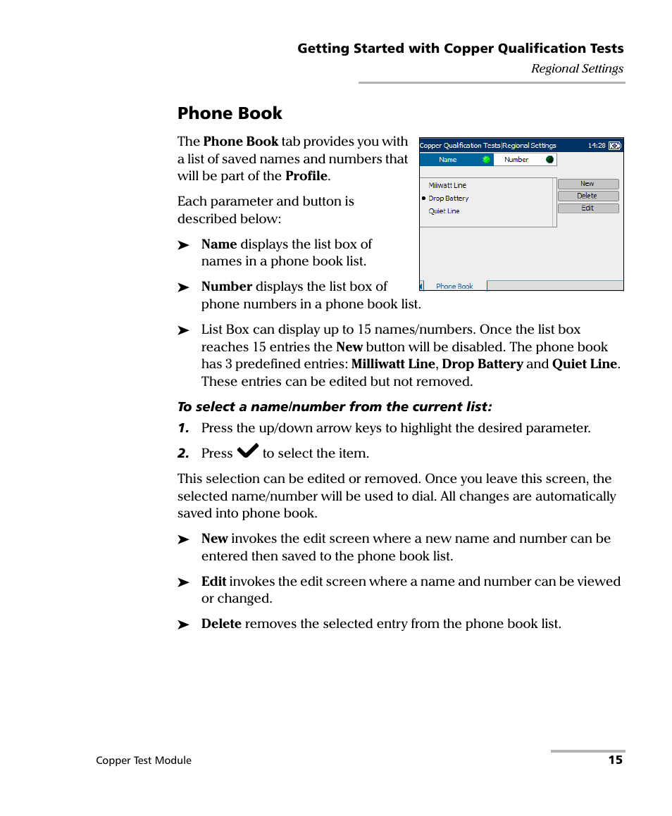Phone book | EXFO AXS-200/610 Copper Test Module User Manual | Page 21 / 152