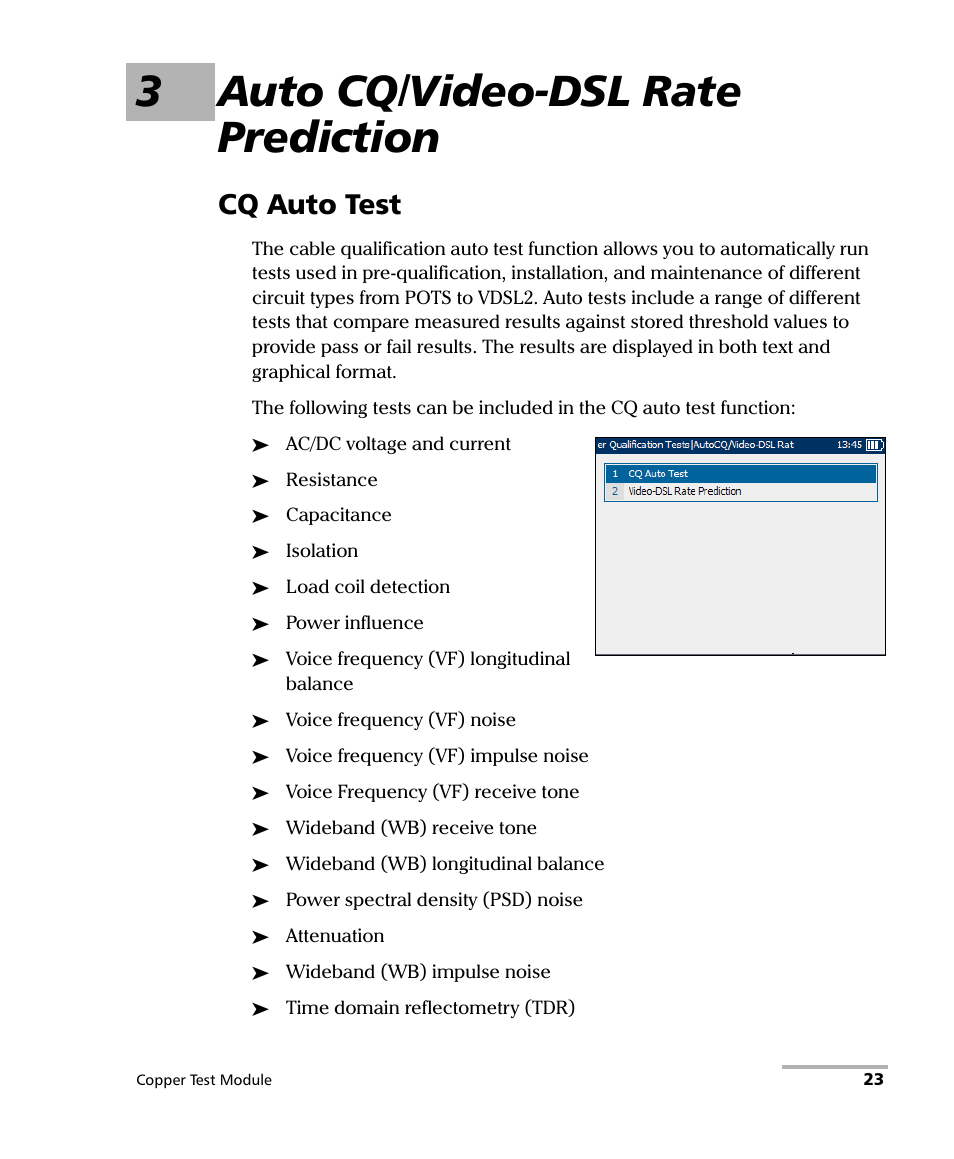 3 auto cq/video-dsl rate prediction, Cq auto test, 3auto cq/video-dsl rate prediction | EXFO AXS-200/610 Copper Test Module User Manual | Page 29 / 152