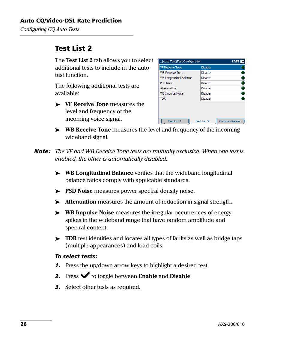 Test list 2 | EXFO AXS-200/610 Copper Test Module User Manual | Page 32 / 152