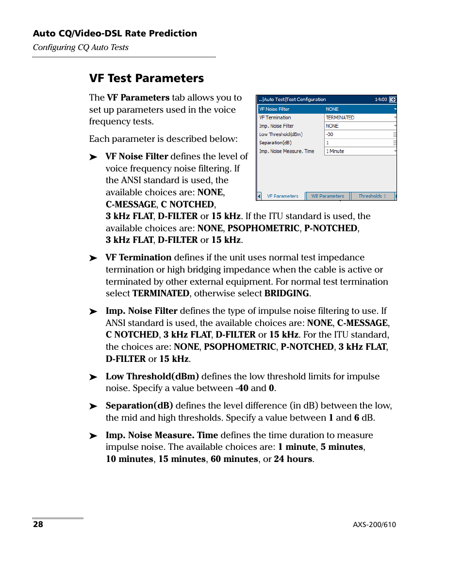 Vf test parameters | EXFO AXS-200/610 Copper Test Module User Manual | Page 34 / 152