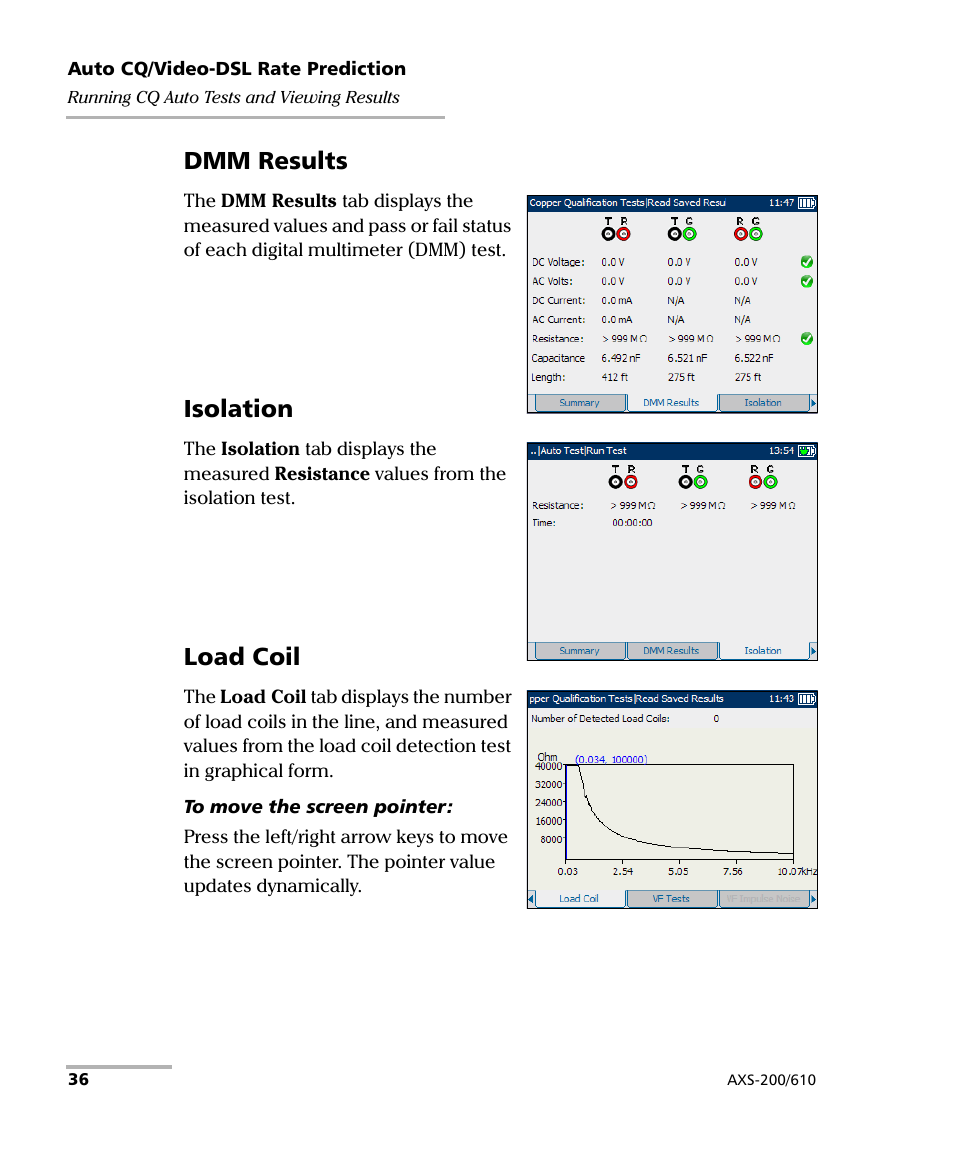 Dmm results, Isolation, Load coil | EXFO AXS-200/610 Copper Test Module User Manual | Page 42 / 152