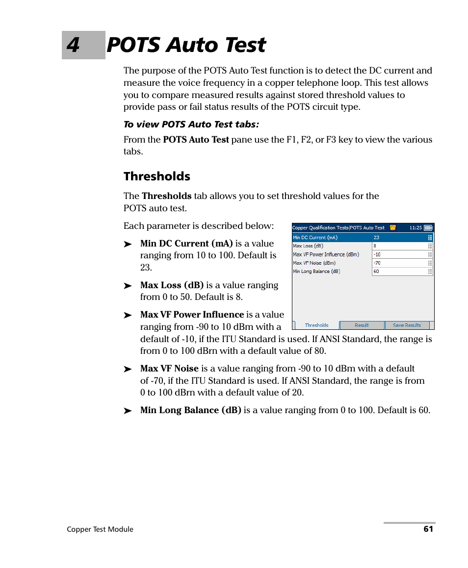 4 pots auto test, Thresholds, 4pots auto test | EXFO AXS-200/610 Copper Test Module User Manual | Page 67 / 152