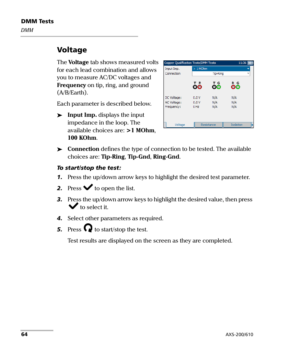 Voltage | EXFO AXS-200/610 Copper Test Module User Manual | Page 70 / 152