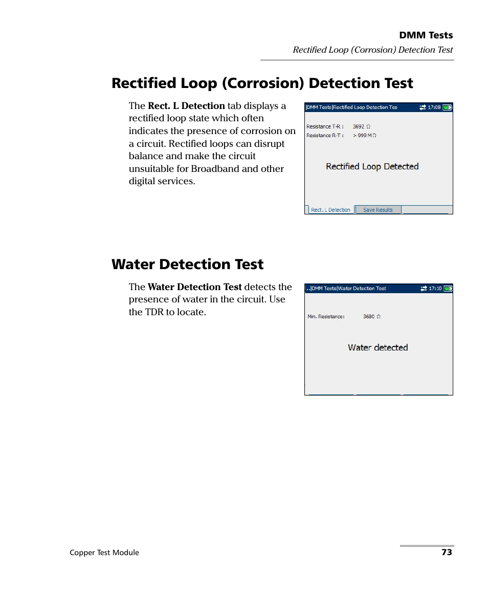 Rectified loop (corrosion) detection test, Water detection test | EXFO AXS-200/610 Copper Test Module User Manual | Page 79 / 152