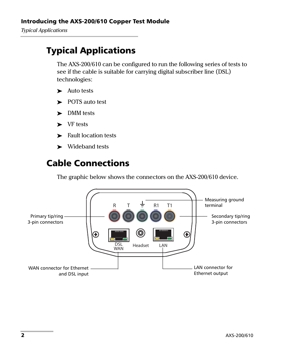 Typical applications, Cable connections, Typical applications cable connections | EXFO AXS-200/610 Copper Test Module User Manual | Page 8 / 152
