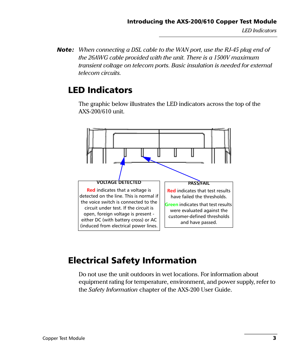Led indicators, Electrical safety information, Led indicators electrical safety information | EXFO AXS-200/610 Copper Test Module User Manual | Page 9 / 152