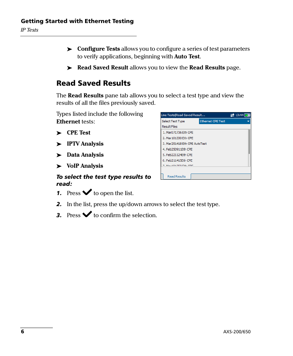 Read saved results | EXFO AXS-200/650 IP Triple-Play Test Set User Manual | Page 12 / 91