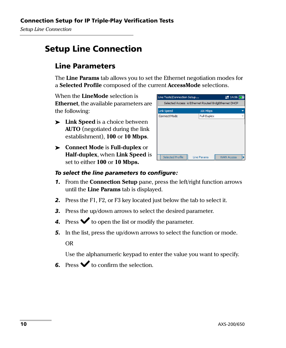 Setup line connection, Line parameters | EXFO AXS-200/650 IP Triple-Play Test Set User Manual | Page 16 / 91