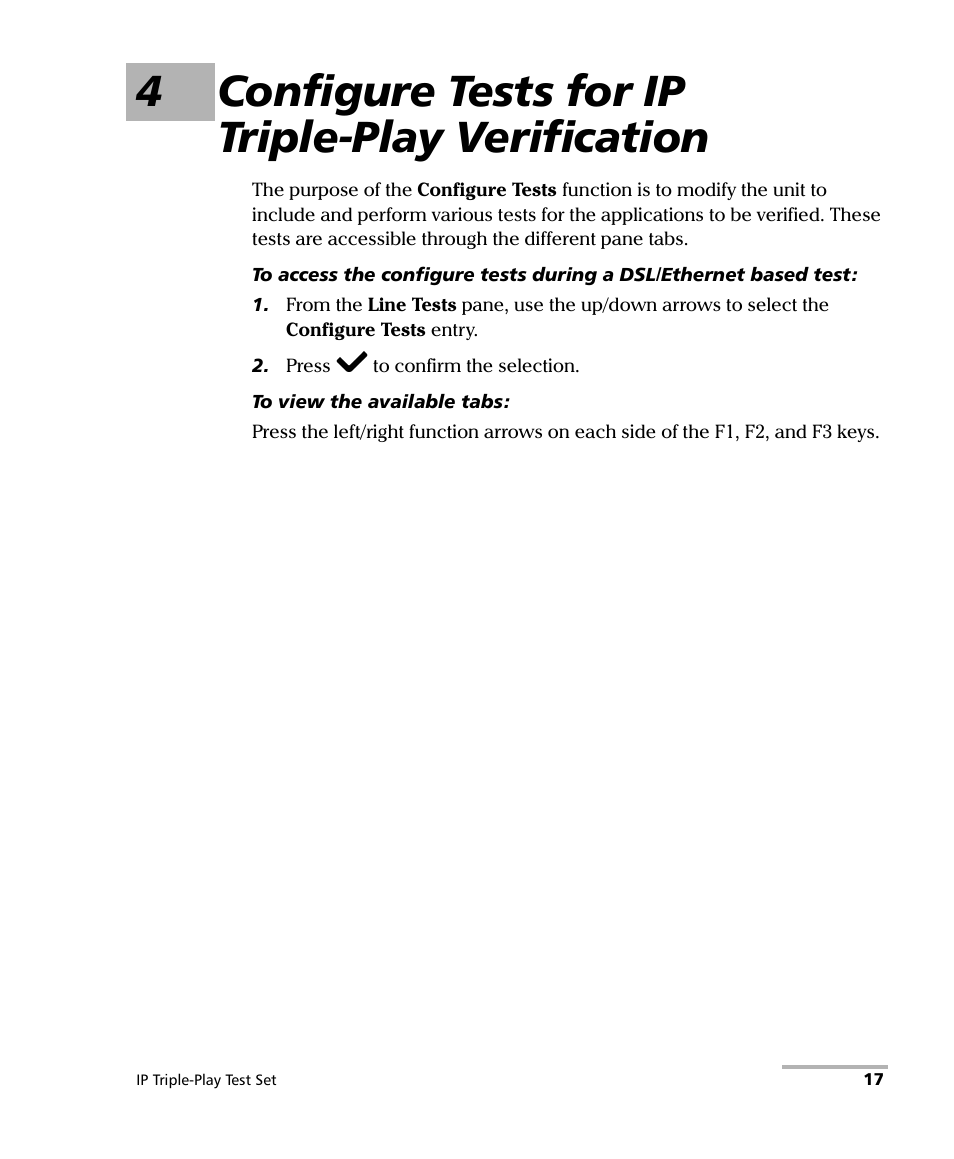 4 configure tests for ip triple-play verification, 4configure tests for ip triple-play verification | EXFO AXS-200/650 IP Triple-Play Test Set User Manual | Page 23 / 91