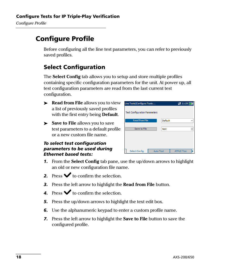 Configure profile, Select configuration | EXFO AXS-200/650 IP Triple-Play Test Set User Manual | Page 24 / 91