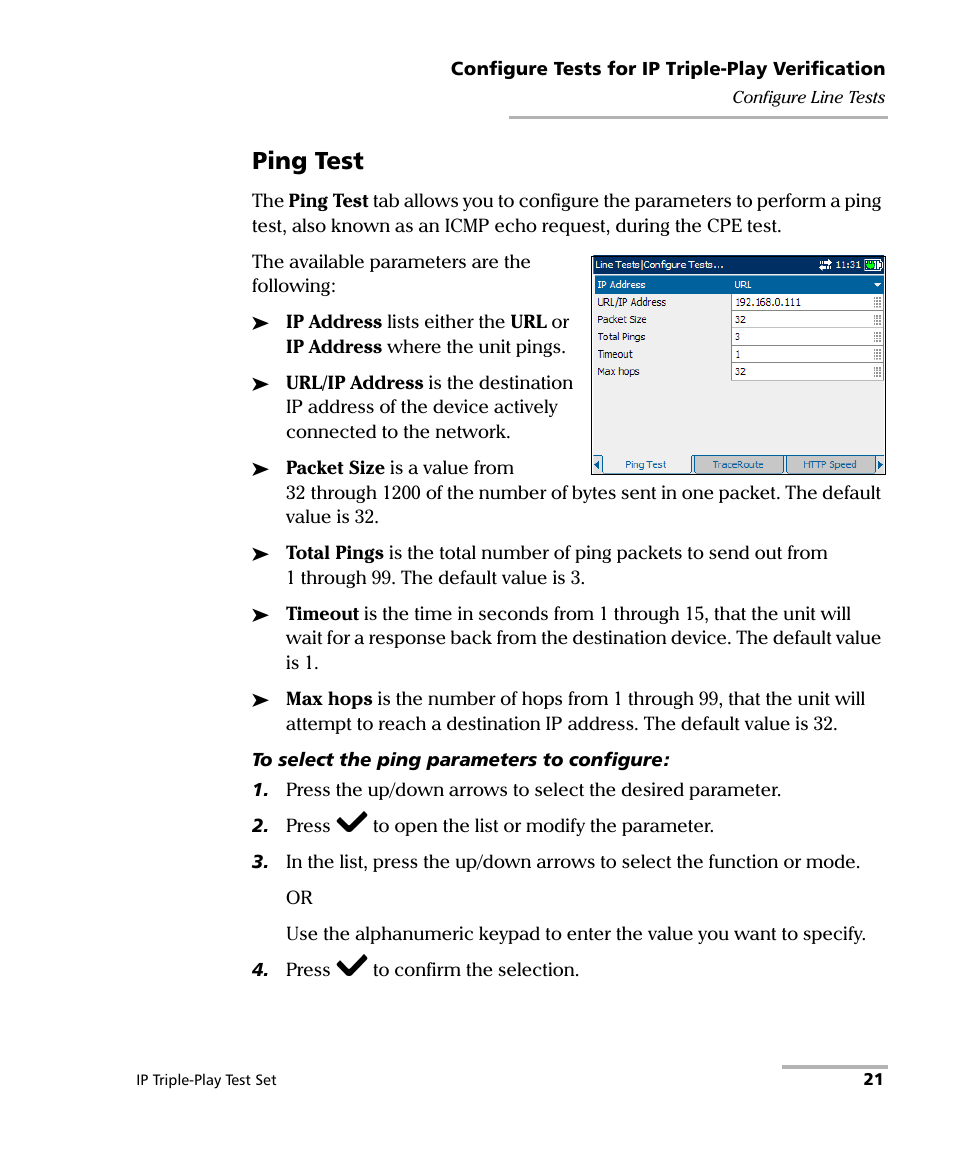 Ping test | EXFO AXS-200/650 IP Triple-Play Test Set User Manual | Page 27 / 91