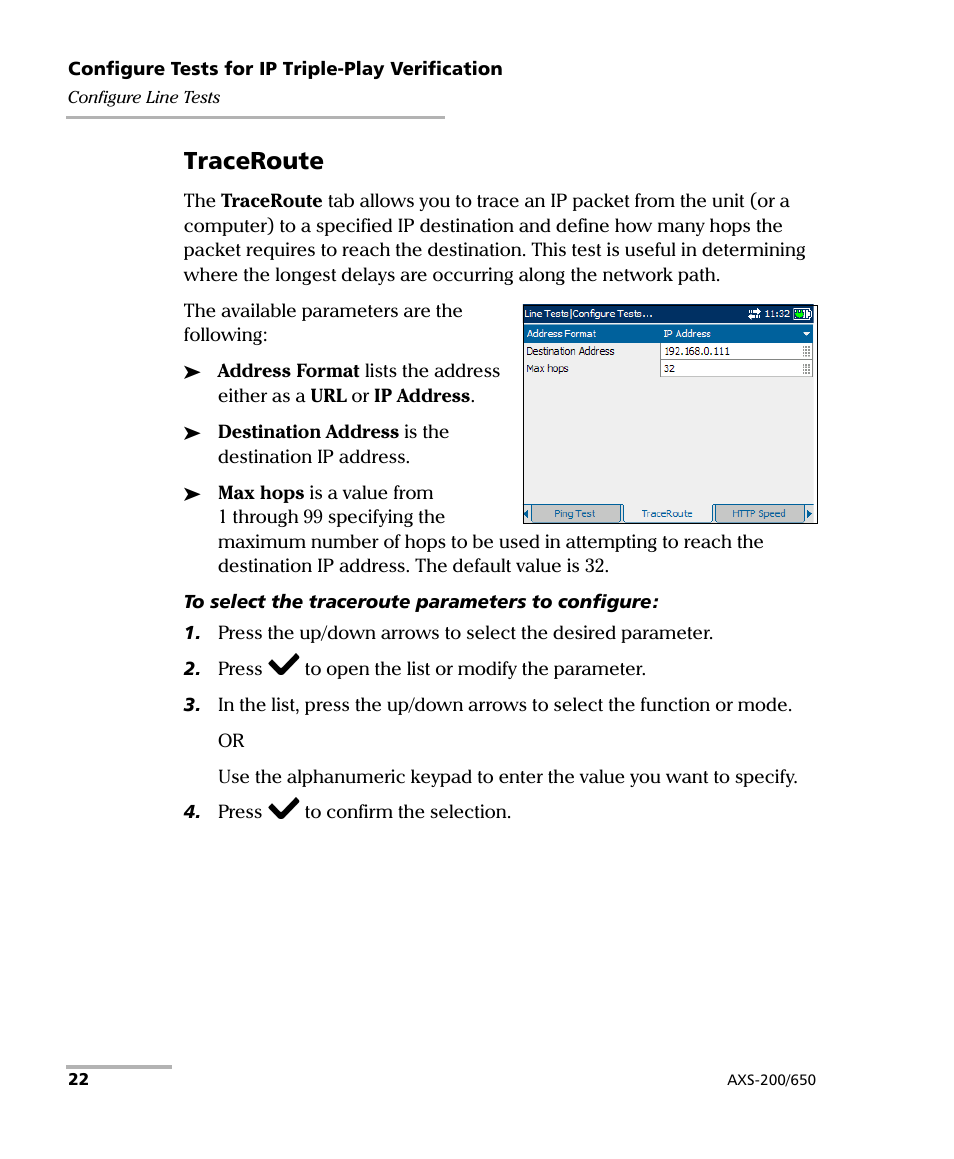 Traceroute | EXFO AXS-200/650 IP Triple-Play Test Set User Manual | Page 28 / 91
