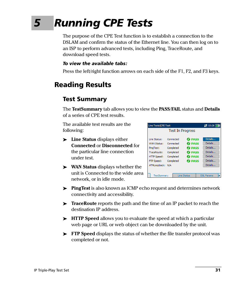 5 running cpe tests, Reading results, Test summary | 5running cpe tests | EXFO AXS-200/650 IP Triple-Play Test Set User Manual | Page 37 / 91