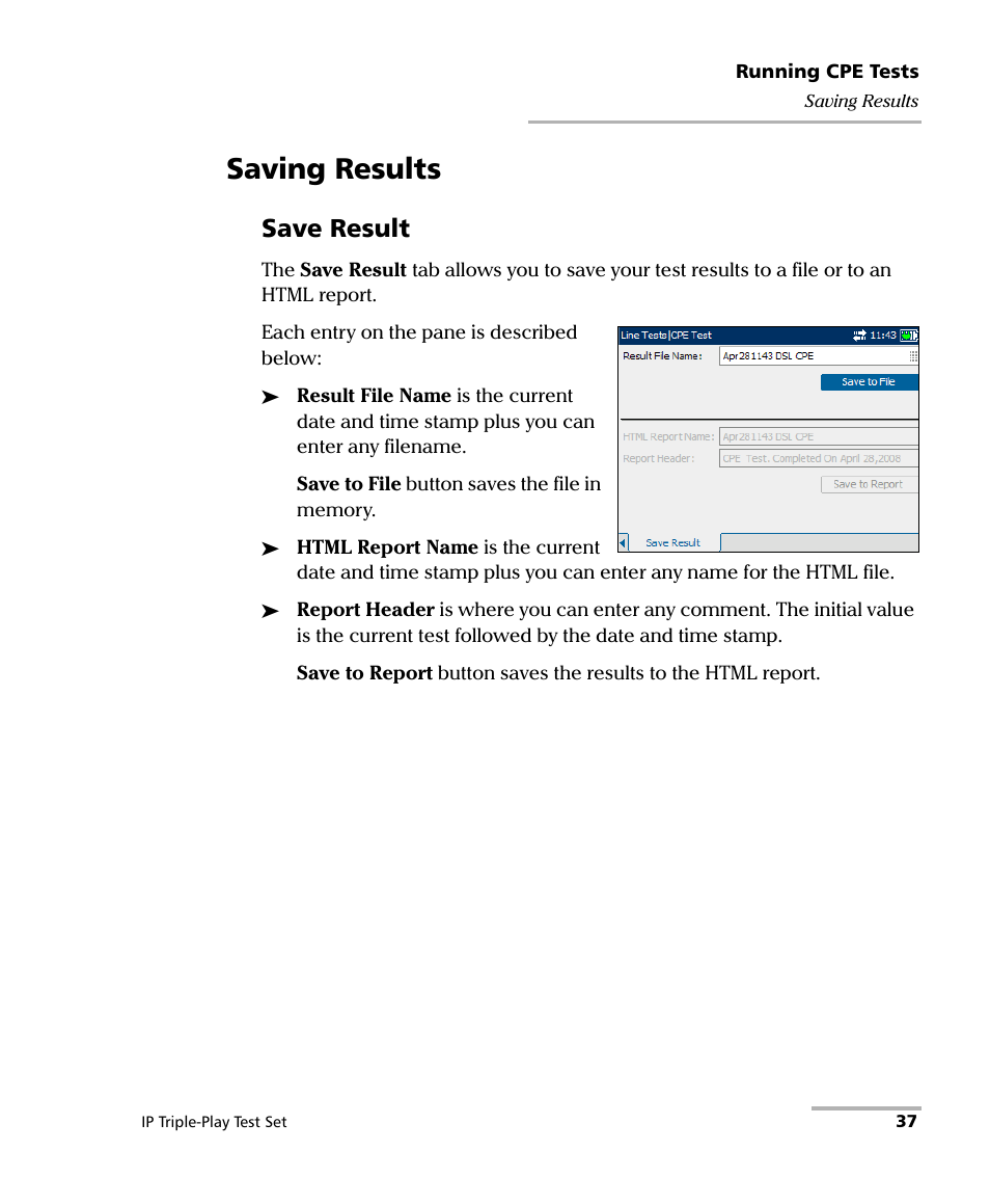 Saving results, Save result | EXFO AXS-200/650 IP Triple-Play Test Set User Manual | Page 43 / 91
