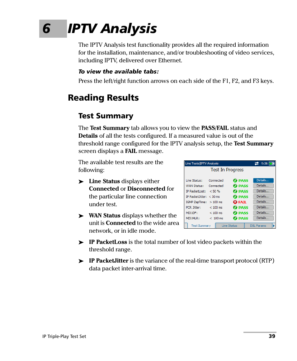 6 iptv analysis, Reading results, Test summary | 6iptv analysis | EXFO AXS-200/650 IP Triple-Play Test Set User Manual | Page 45 / 91
