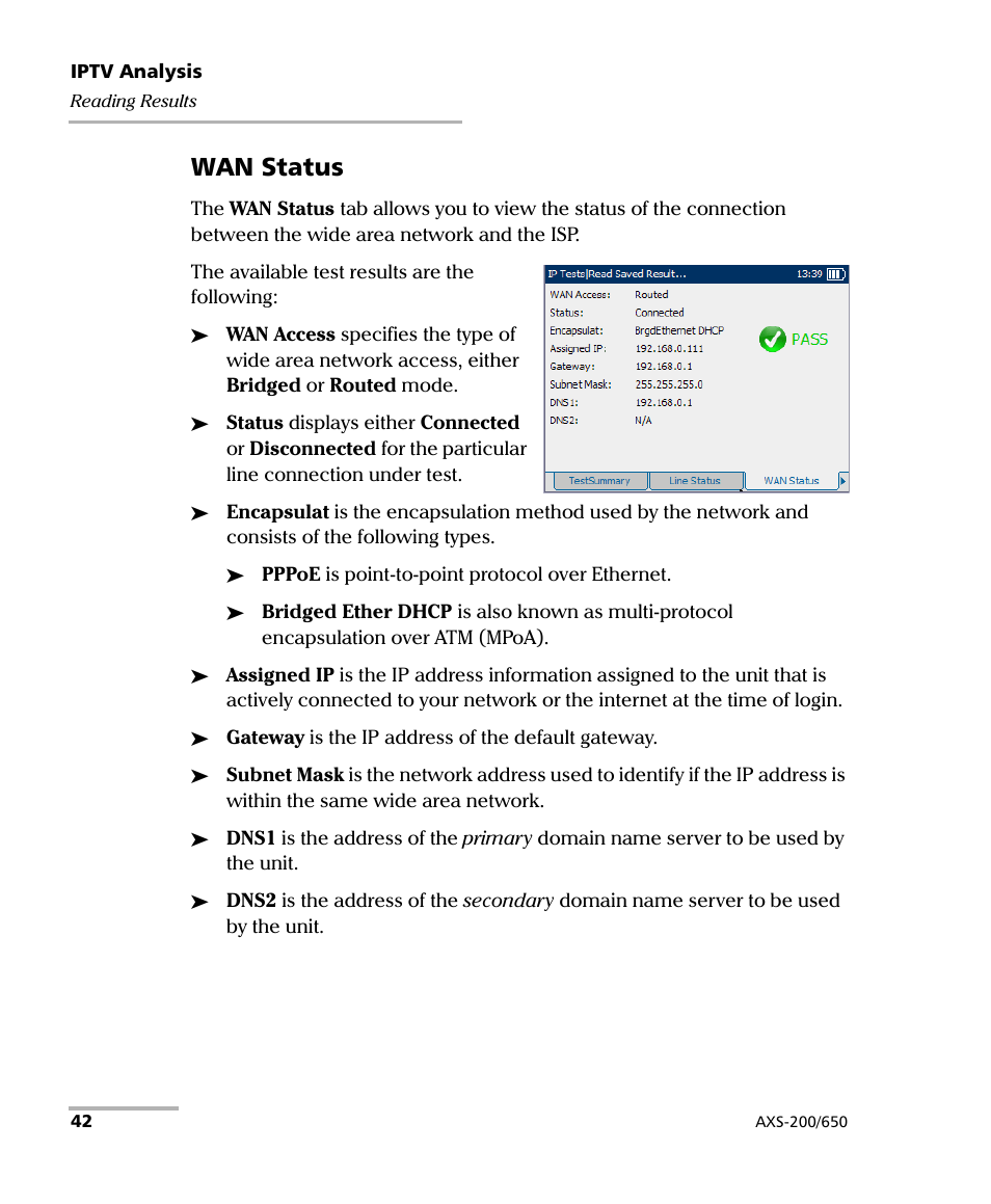 Wan status | EXFO AXS-200/650 IP Triple-Play Test Set User Manual | Page 48 / 91