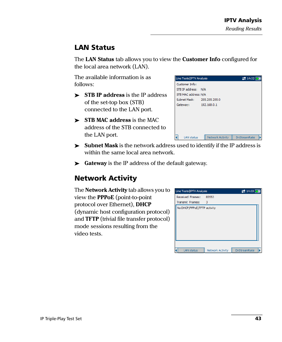 Lan status, Network activity | EXFO AXS-200/650 IP Triple-Play Test Set User Manual | Page 49 / 91