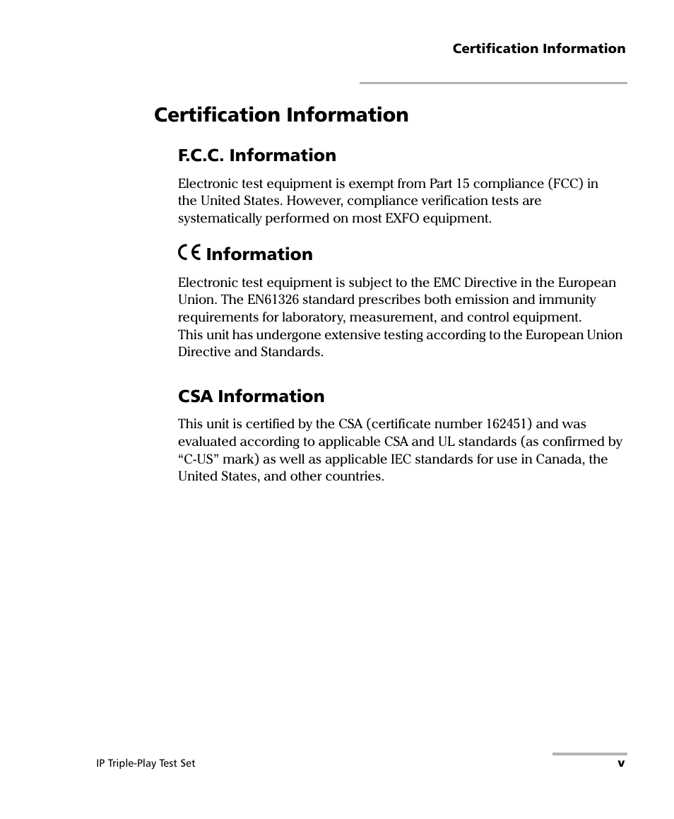 Certification information, F.c.c. information, Ce information | Csa information | EXFO AXS-200/650 IP Triple-Play Test Set User Manual | Page 5 / 91