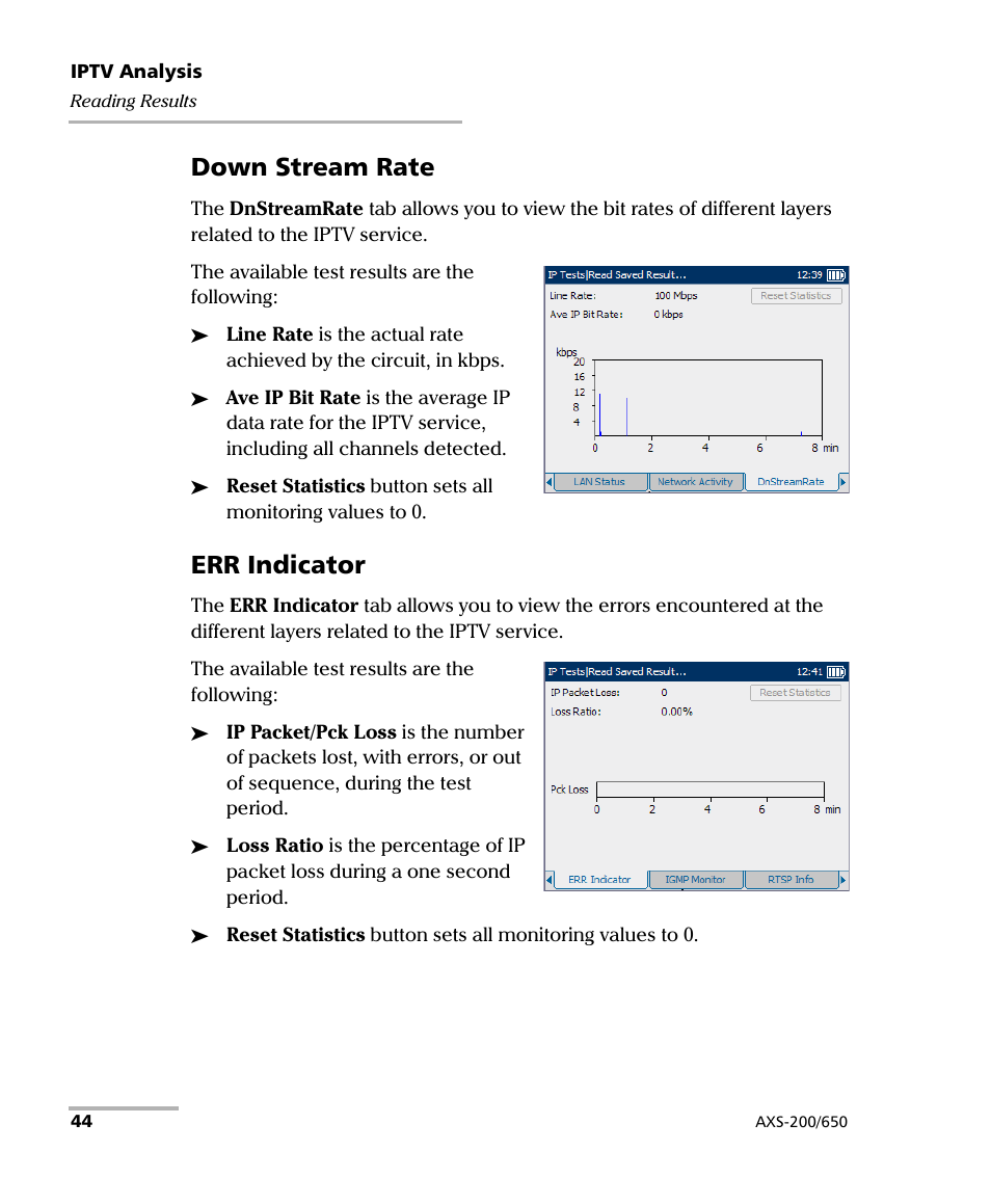 Down stream rate, Err indicator | EXFO AXS-200/650 IP Triple-Play Test Set User Manual | Page 50 / 91