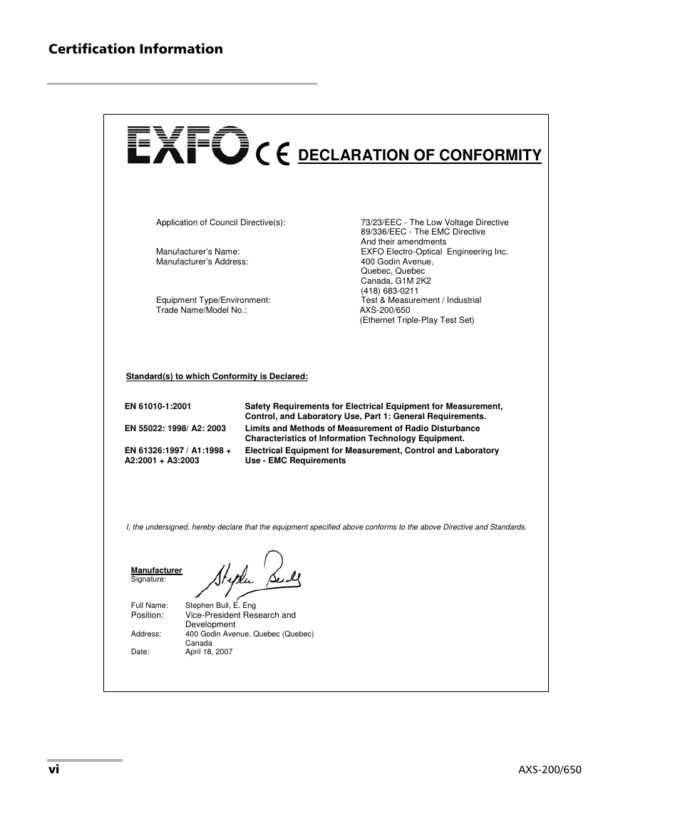 Declaration of conformity, Certification information | EXFO AXS-200/650 IP Triple-Play Test Set User Manual | Page 6 / 91