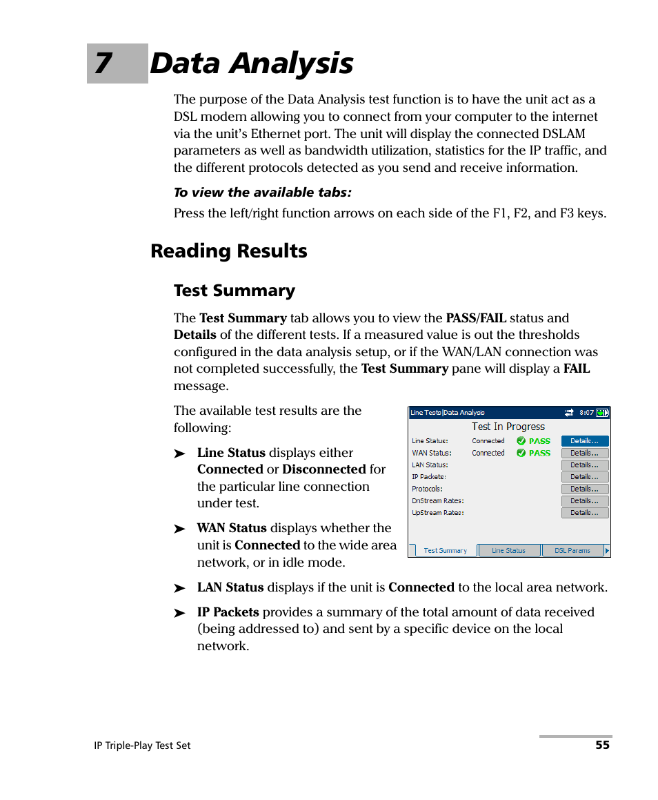 7 data analysis, Reading results, Test summary | 7data analysis | EXFO AXS-200/650 IP Triple-Play Test Set User Manual | Page 61 / 91