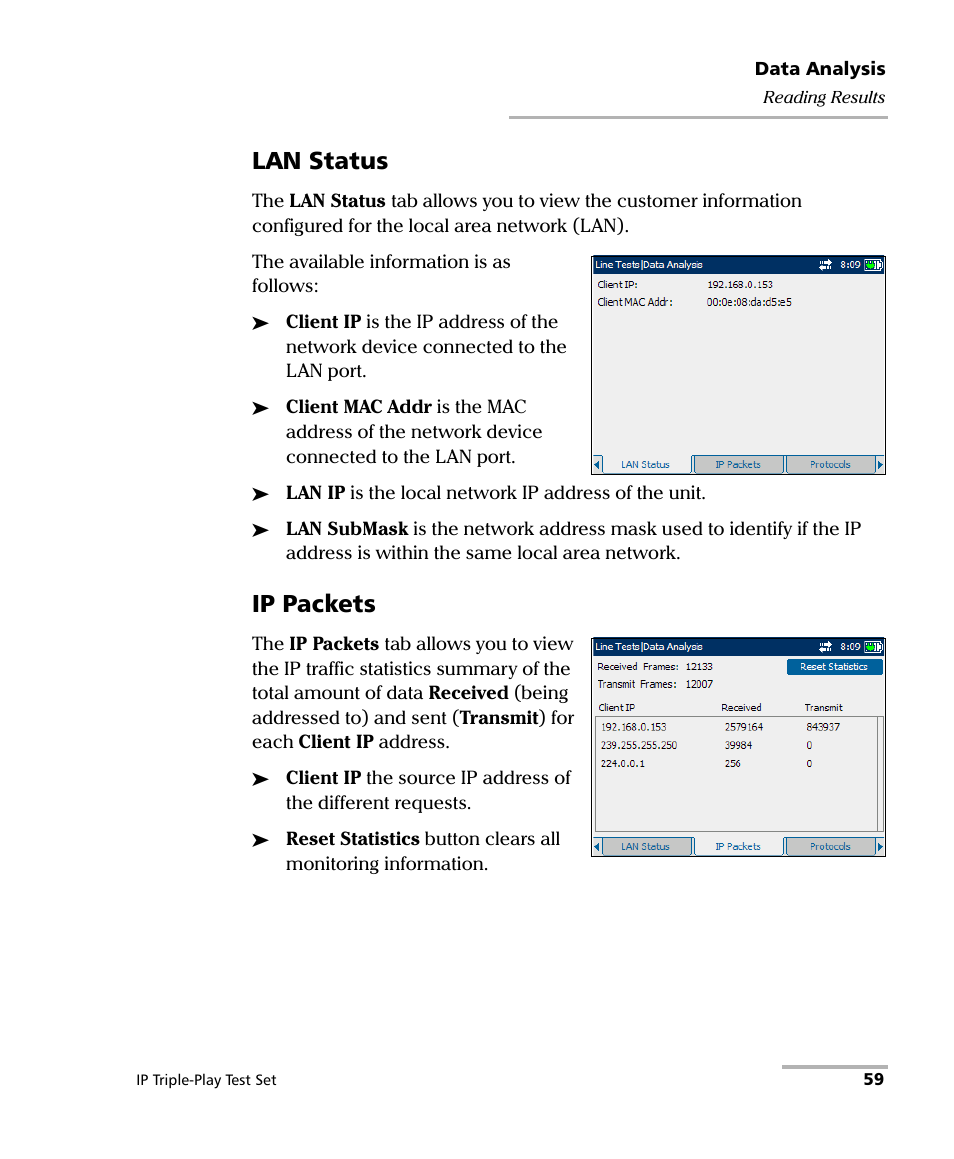 Lan status, Ip packets | EXFO AXS-200/650 IP Triple-Play Test Set User Manual | Page 65 / 91