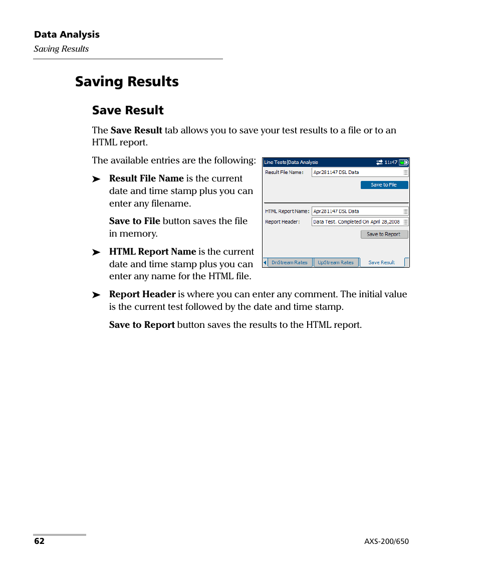 Saving results, Save result | EXFO AXS-200/650 IP Triple-Play Test Set User Manual | Page 68 / 91