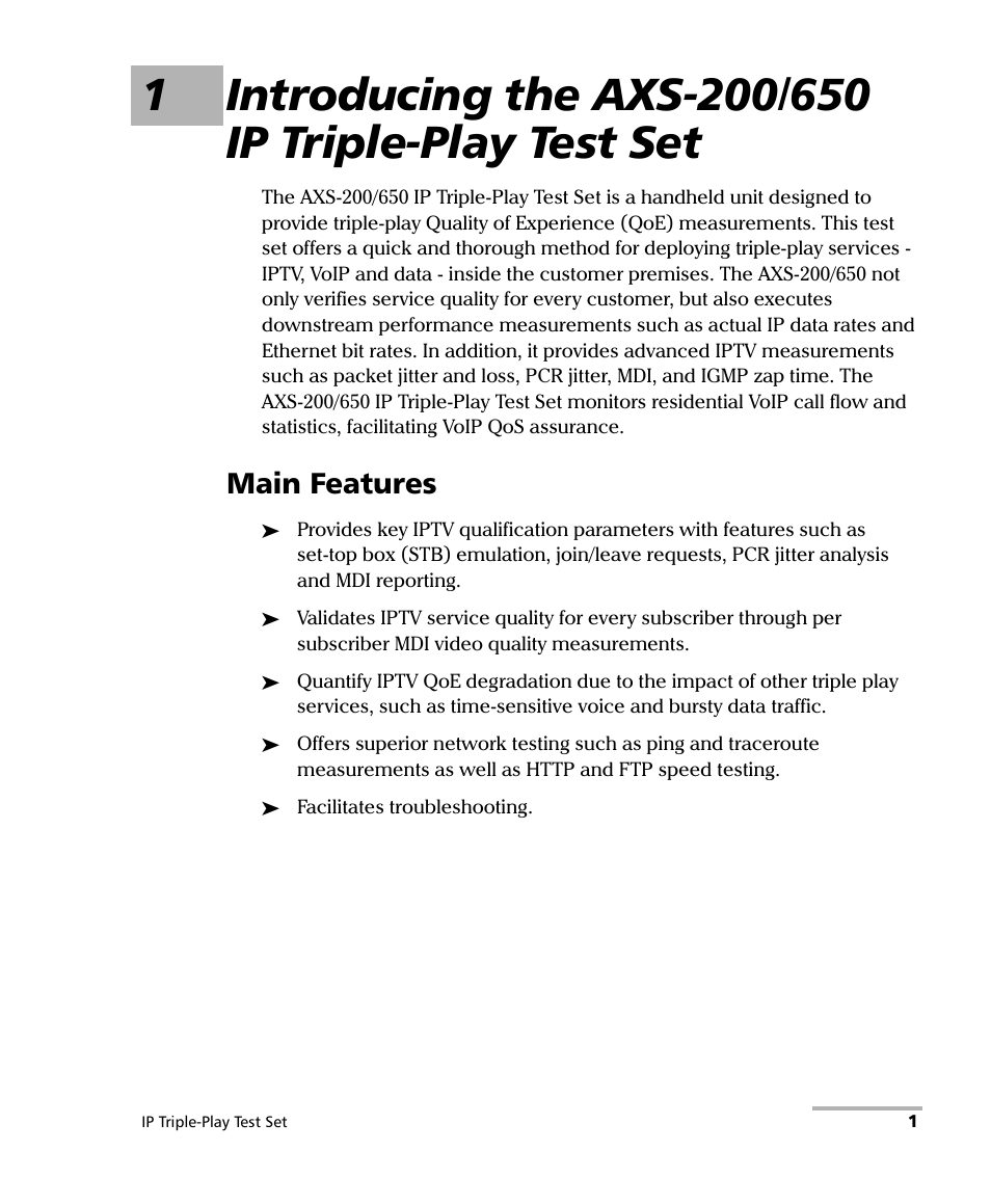 Main features | EXFO AXS-200/650 IP Triple-Play Test Set User Manual | Page 7 / 91