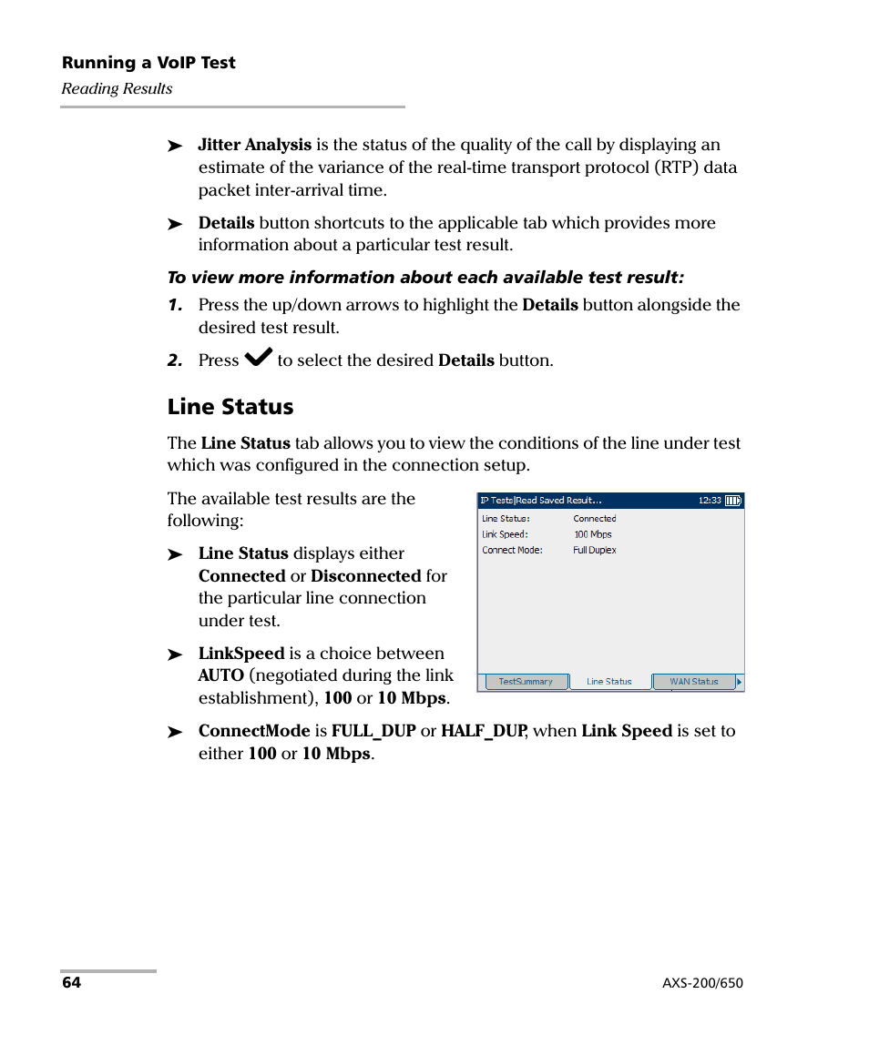 Line status | EXFO AXS-200/650 IP Triple-Play Test Set User Manual | Page 70 / 91