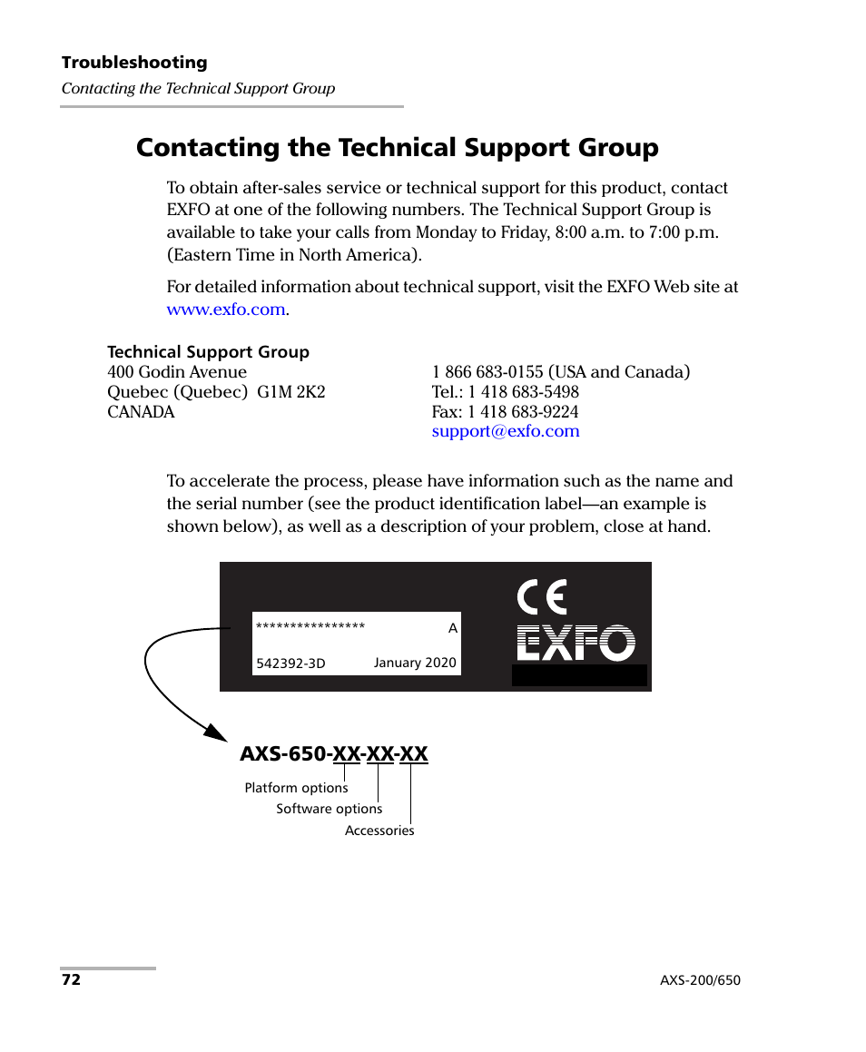 Contacting the technical support group, Axs-650-xx-xx-xx | EXFO AXS-200/650 IP Triple-Play Test Set User Manual | Page 78 / 91