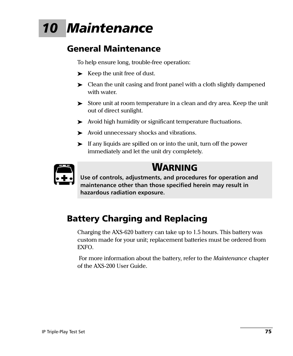 10 maintenance, General maintenance, Battery charging and replacing | General maintenance battery charging and replacing, Arning | EXFO AXS-200/650 IP Triple-Play Test Set User Manual | Page 81 / 91