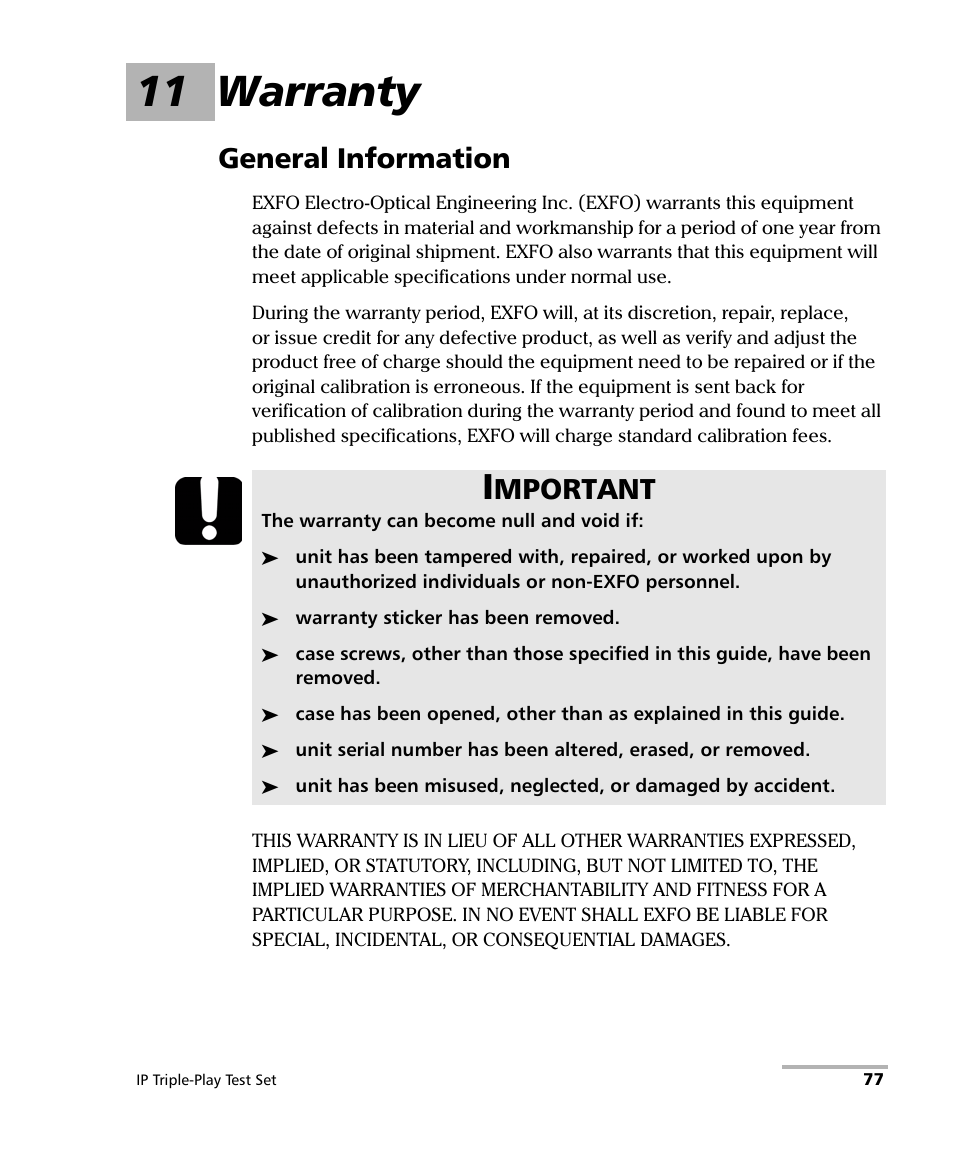 11 warranty, General information, Mportant | EXFO AXS-200/650 IP Triple-Play Test Set User Manual | Page 83 / 91