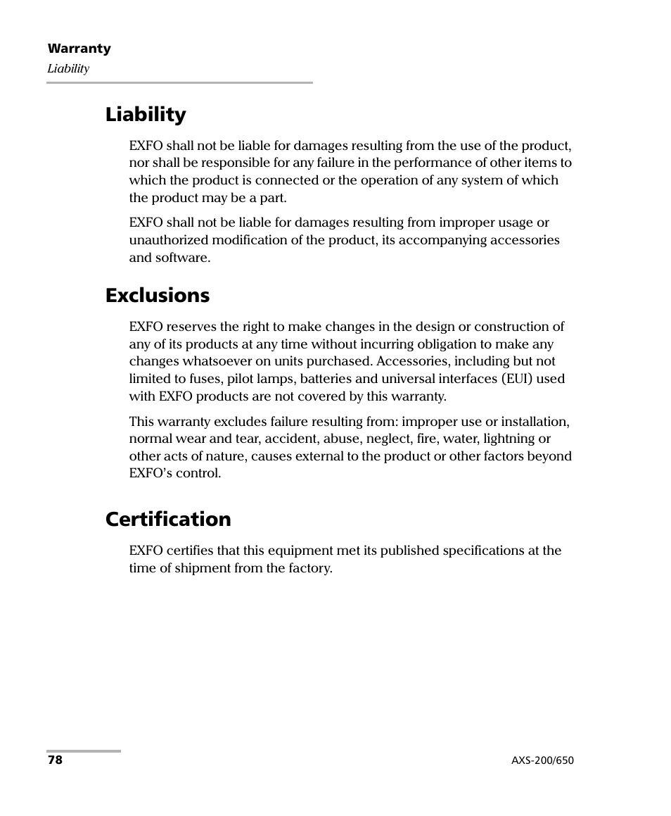 Liability, Exclusions, Certification | Liability exclusions certification | EXFO AXS-200/650 IP Triple-Play Test Set User Manual | Page 84 / 91